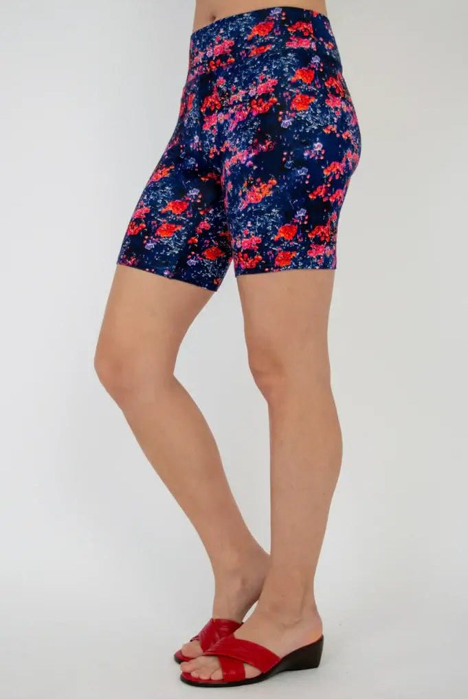 Hallie Bamboo Anti-Chafe Cooling Slip Shorts in navy with floral print, designed for comfort and style.