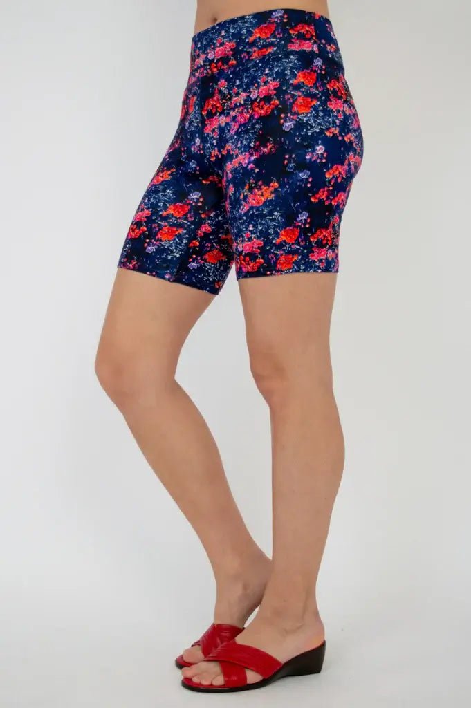Hallie Bamboo Anti-Chafe Cooling Slip Shorts in navy with floral print, designed for comfort and style.