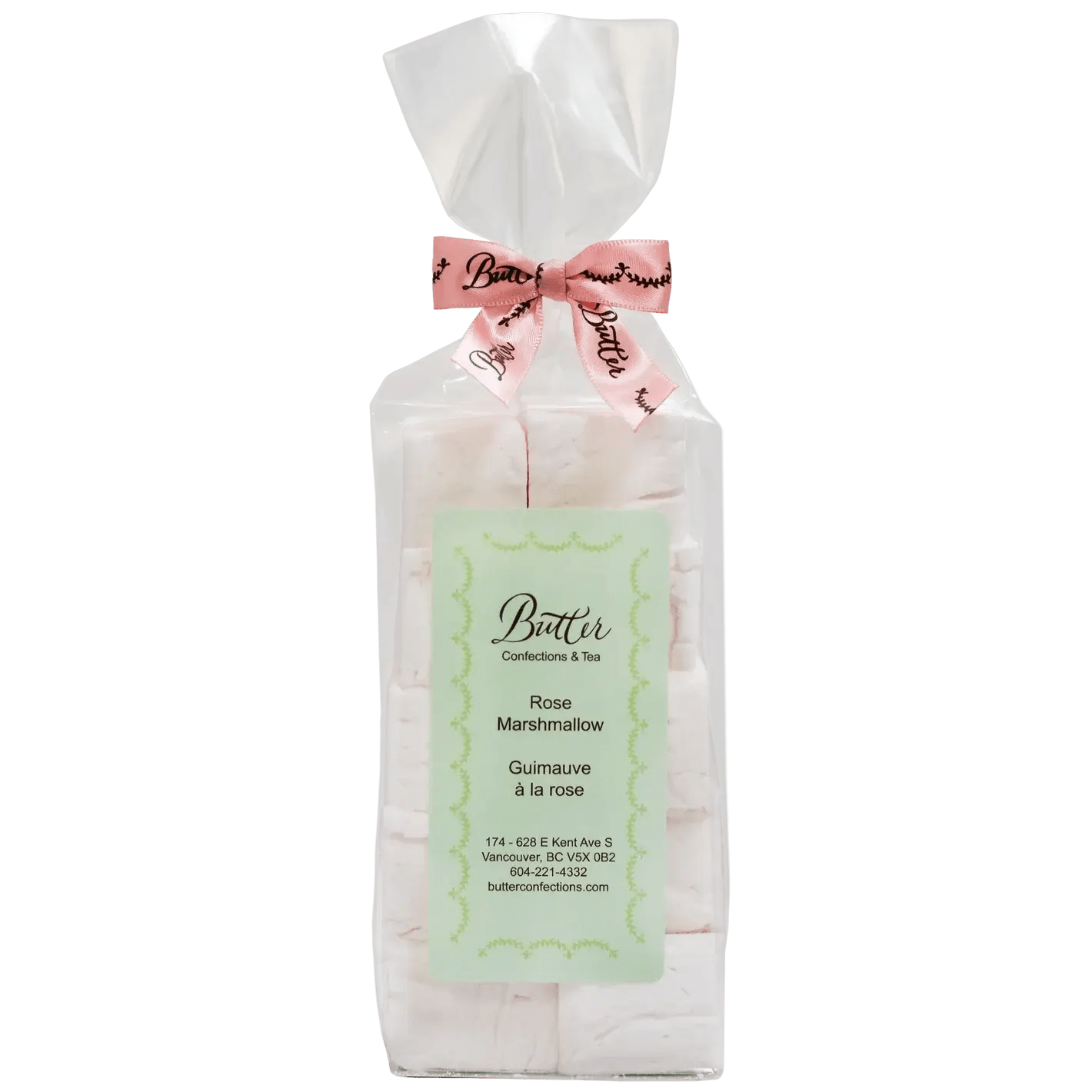 Handcrafted Gourmet Marshmallows in a clear bag with a pink ribbon, perfect for gourmet indulgence.