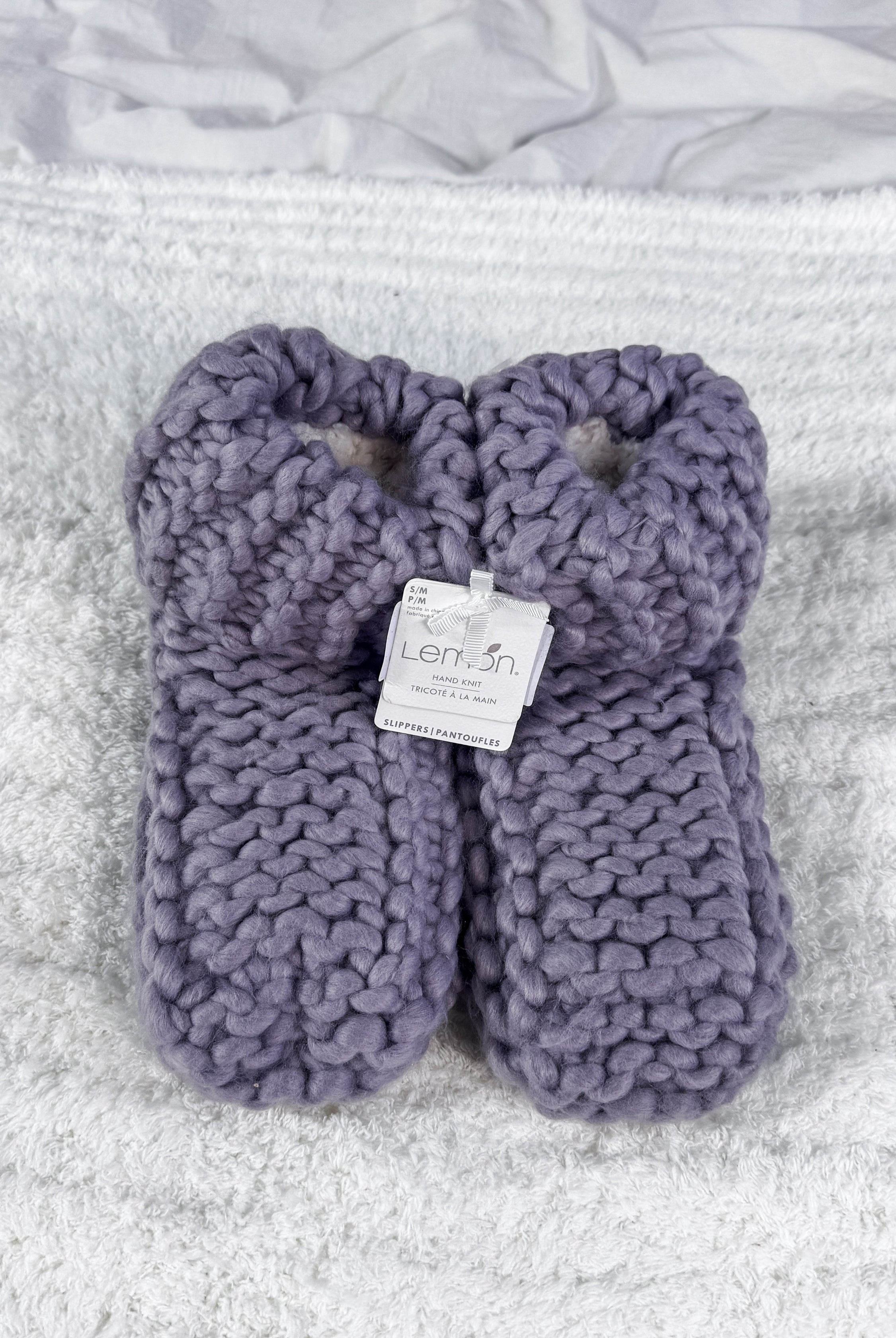 handmade knit slippers in purple