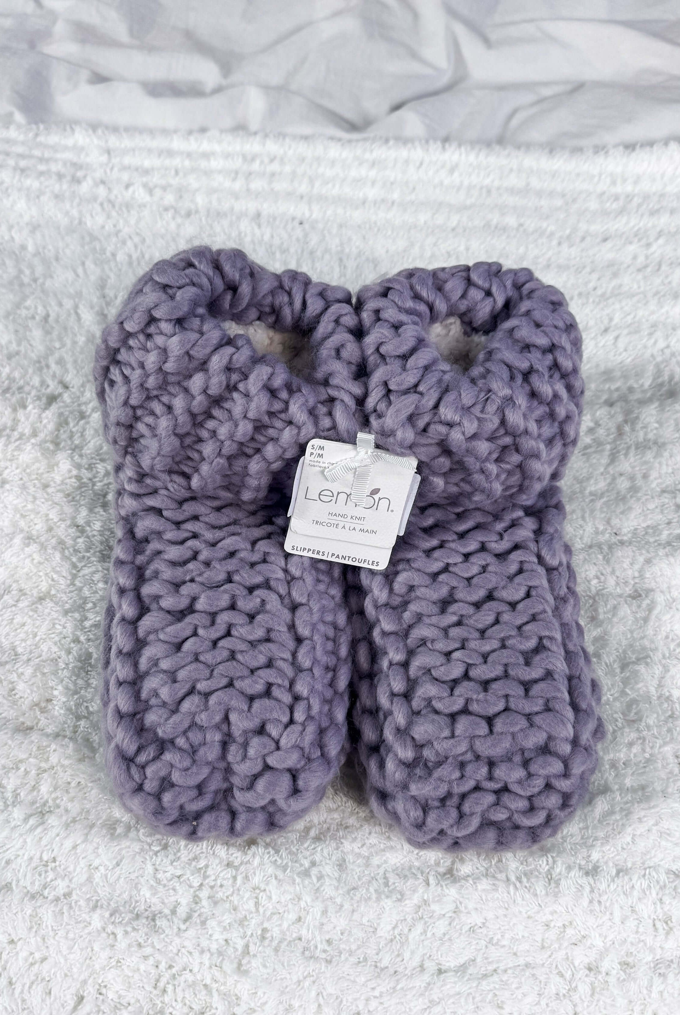 handmade knit slippers in purple