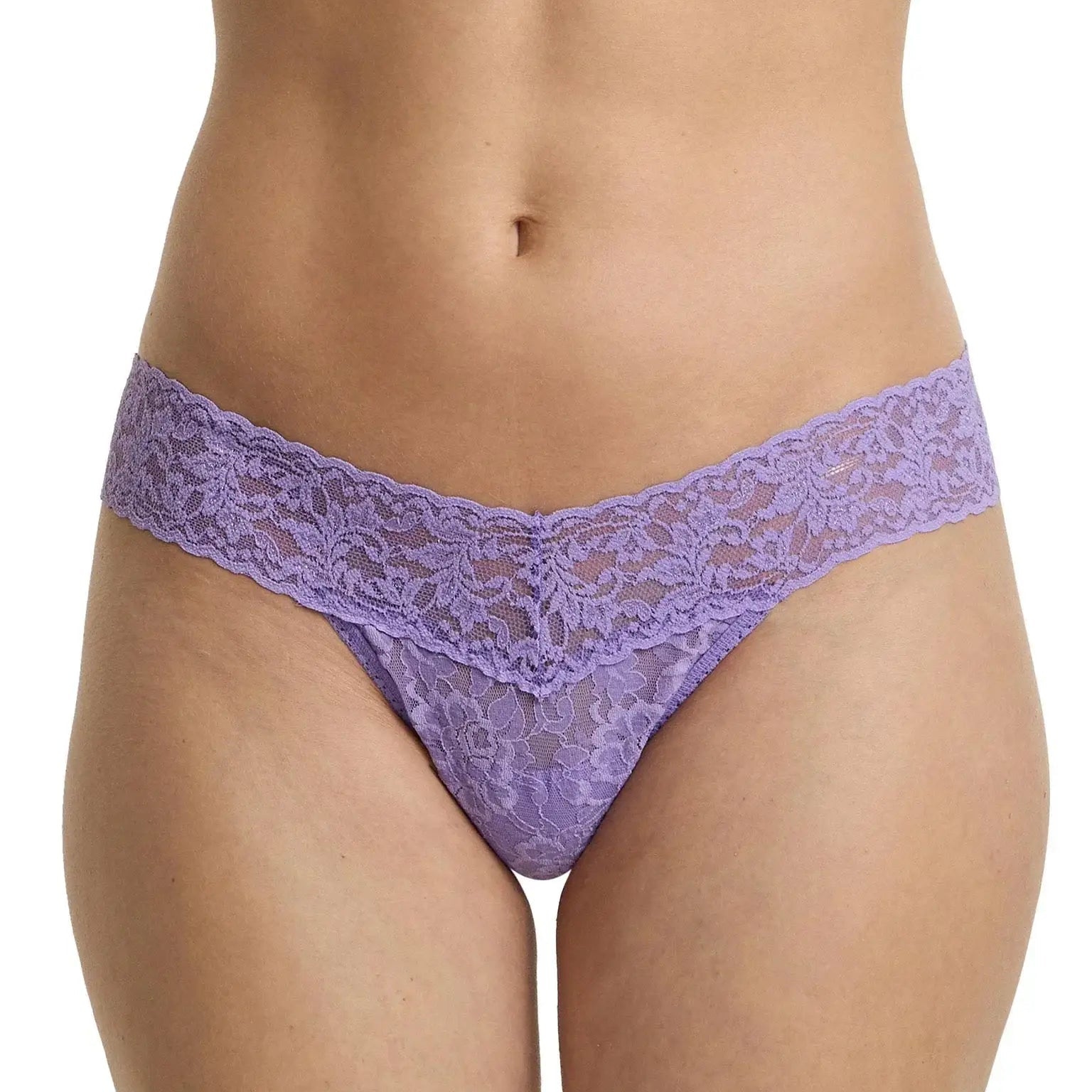 Hanky Panky Low Rise Thong in lavender lace, featuring a modern cut and comfortable fit, perfect for everyday wear.