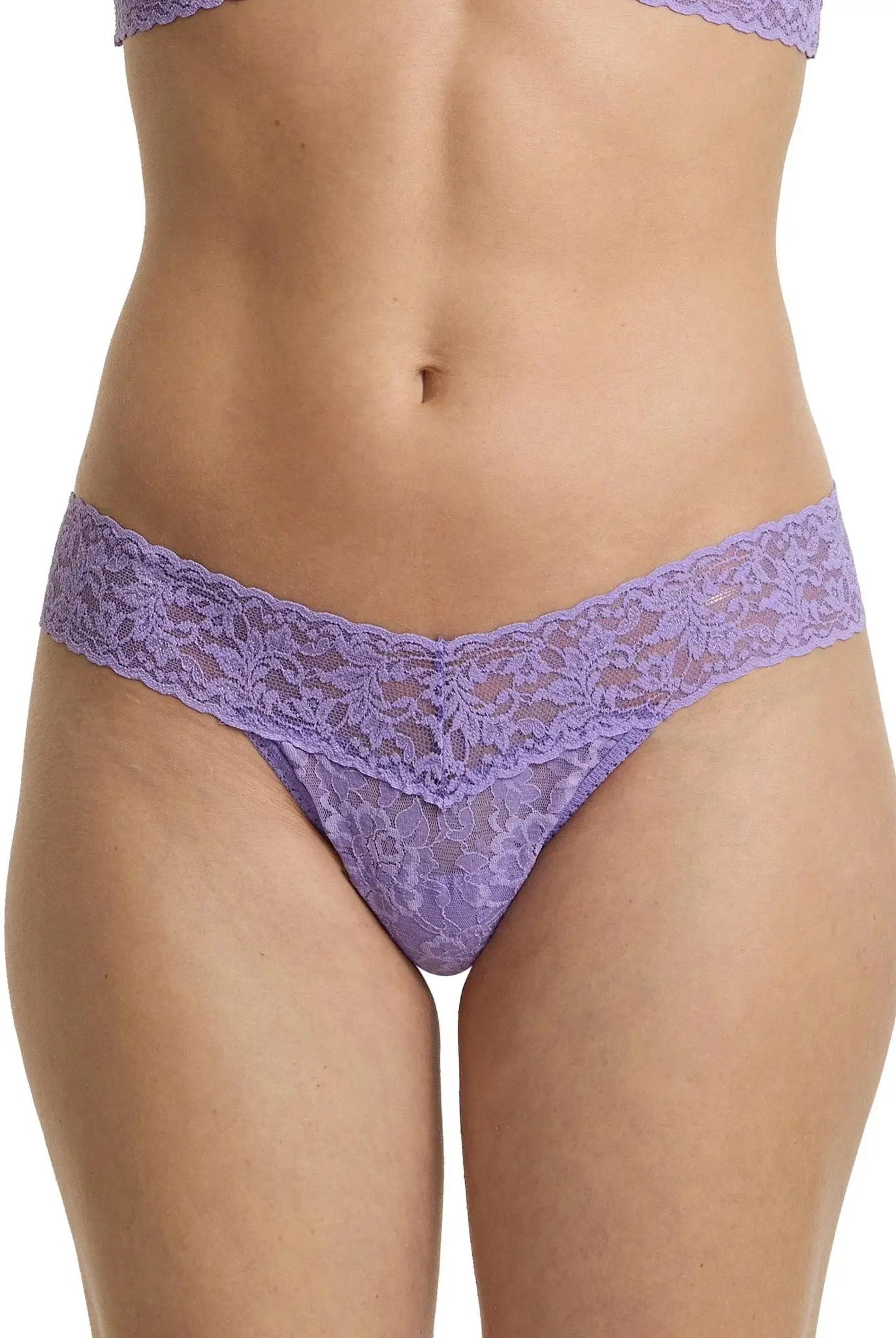 Hanky Panky Low Rise Thong in lavender lace, featuring a modern cut and comfortable fit, perfect for everyday wear.