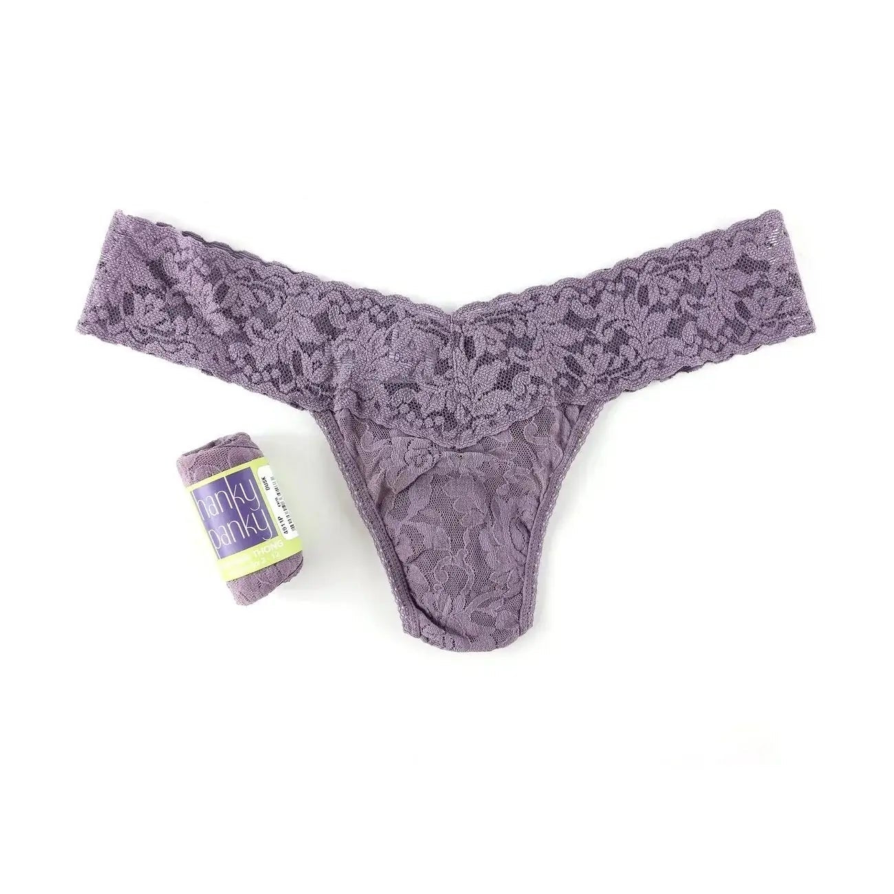 Hanky Panky Low Rise Thong in purple lace with gift-ready wrap, perfect for comfortable and stylish wear.