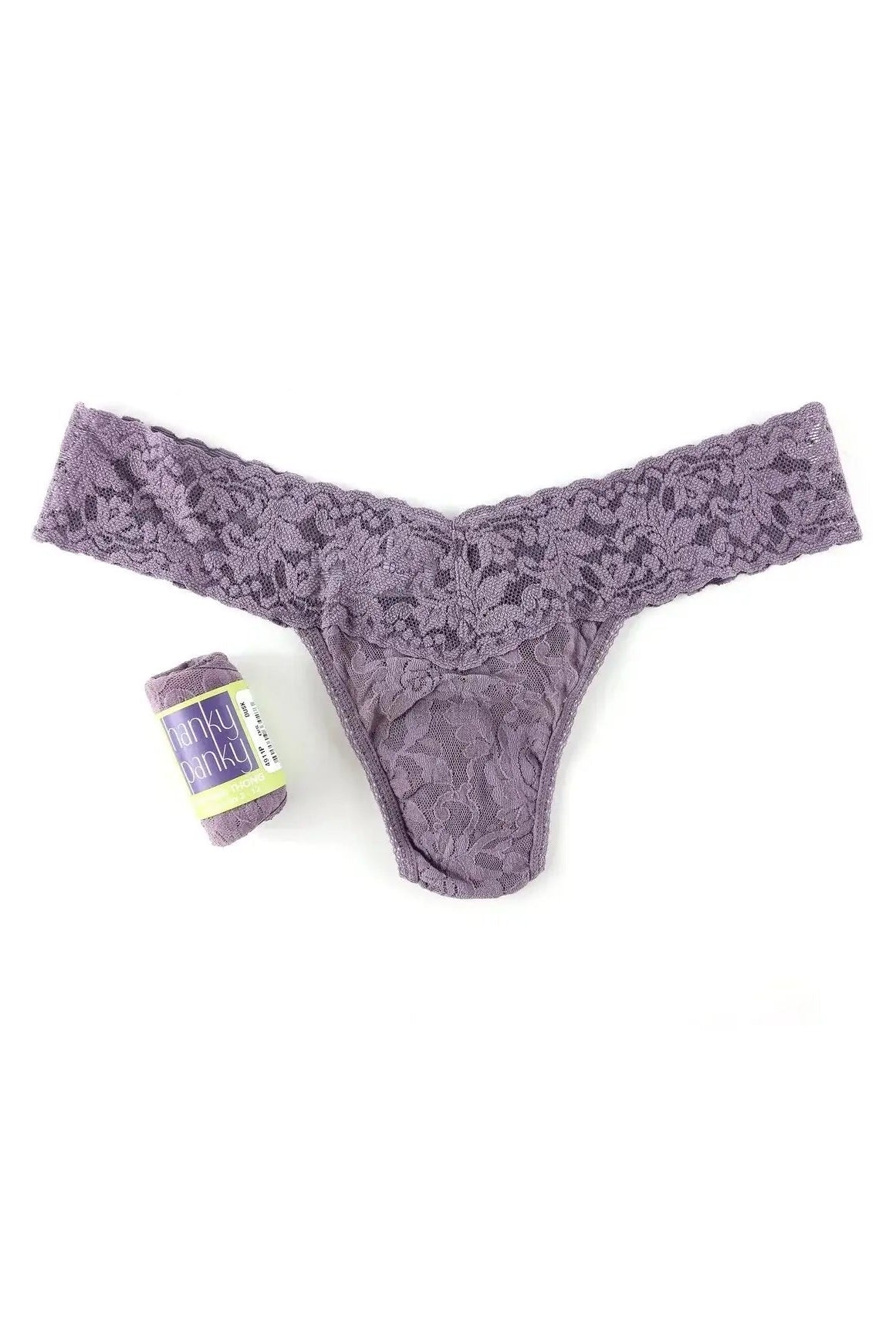 Hanky Panky Low Rise Thong in purple lace with gift-ready wrap, perfect for comfortable and stylish wear.