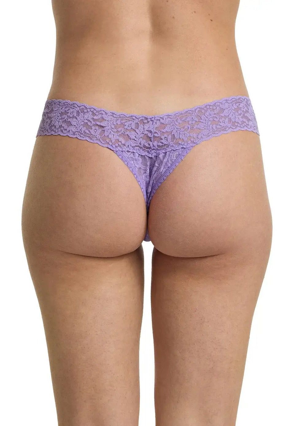 Hanky Panky Low Rise Thong in lavender lace seen from the back, showcasing modern cut and comfortable design.