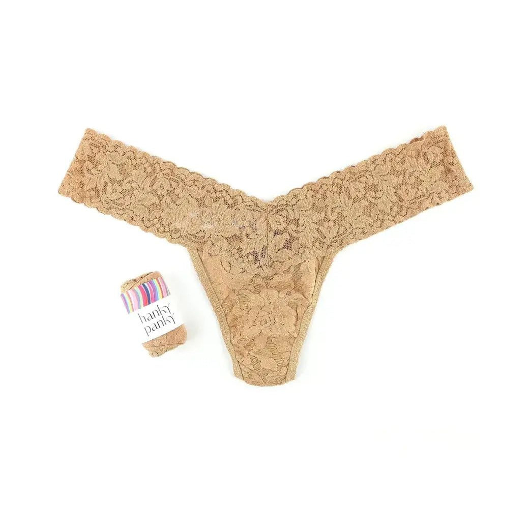 Hanky Panky Low Rise Thong – Signature Lace in nude color with gift tag, perfect for comfort and style.