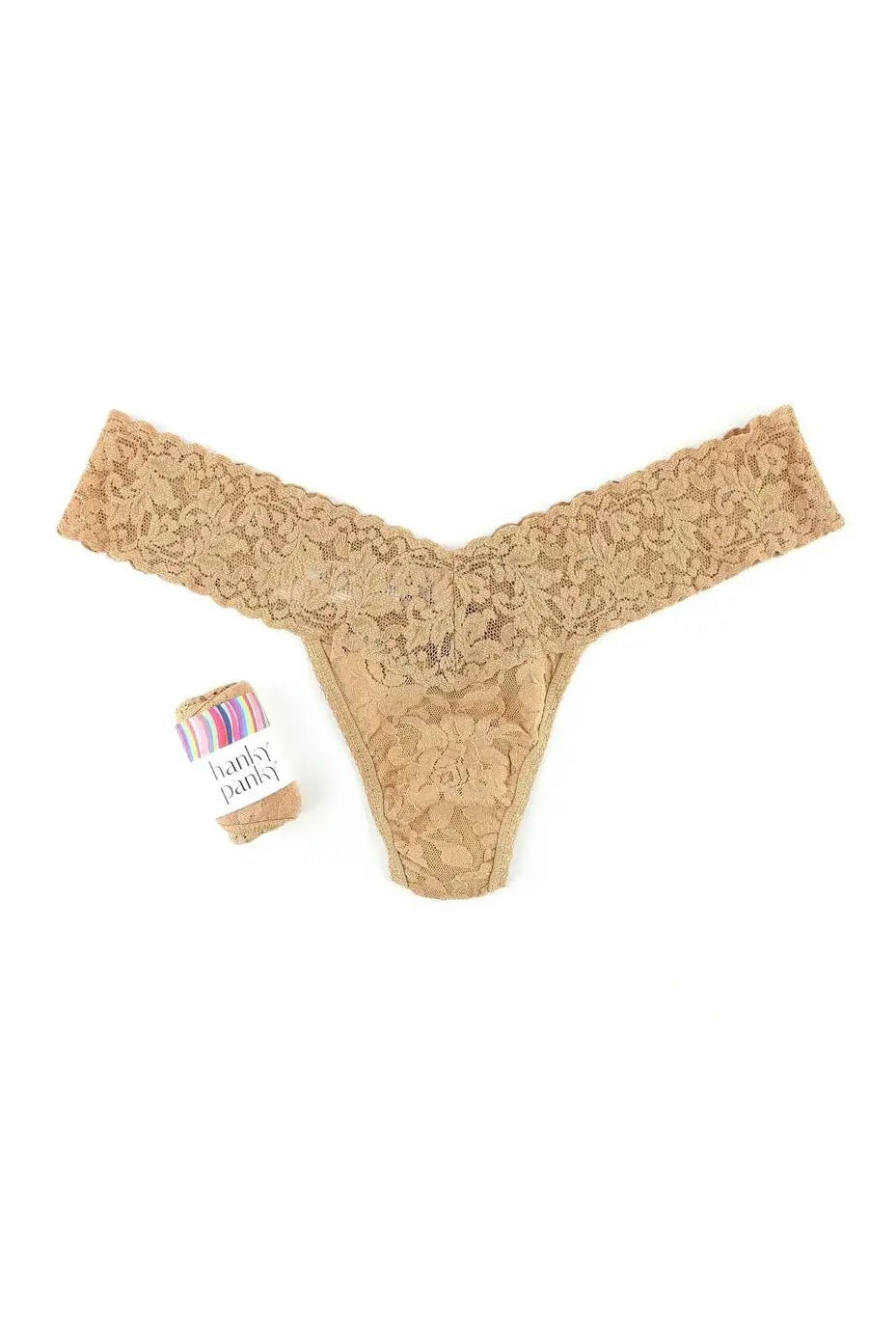 Hanky Panky Low Rise Thong – Signature Lace in nude color with gift tag, perfect for comfort and style.