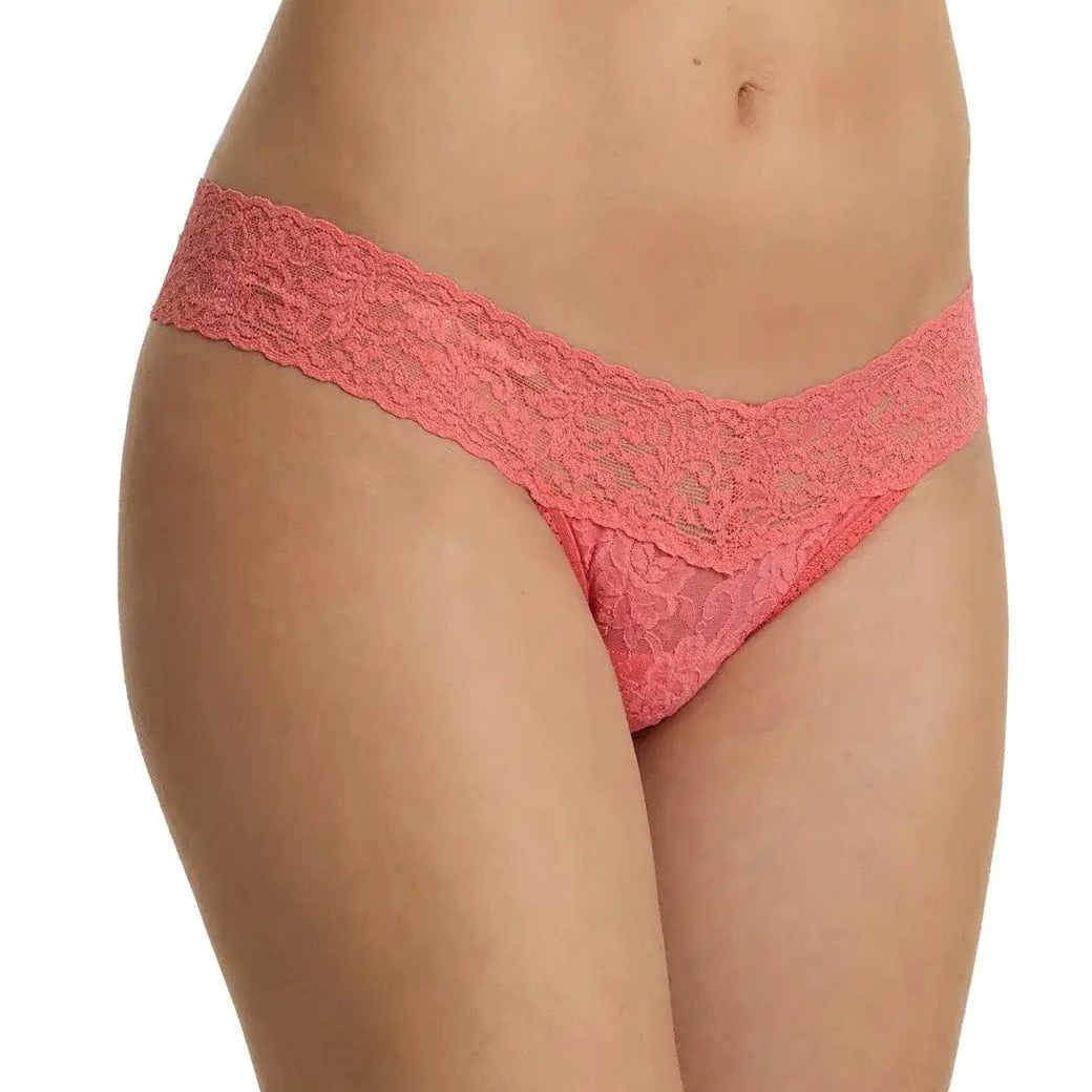 Hanky Panky Low Rise Thong in vibrant coral lace, showcasing a modern cut and signature comfort.