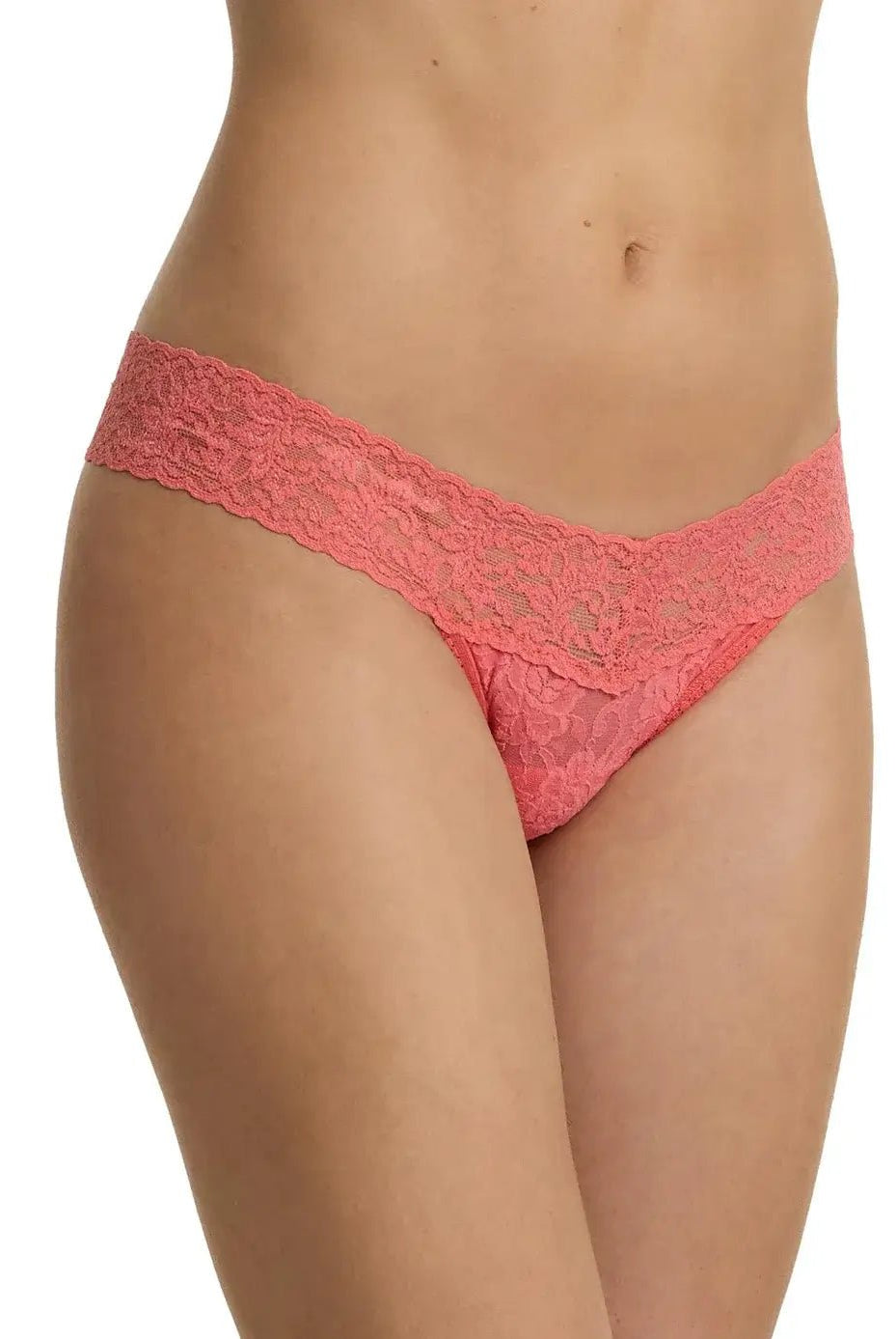 Hanky Panky Low Rise Thong in vibrant coral lace, showcasing a modern cut and signature comfort.