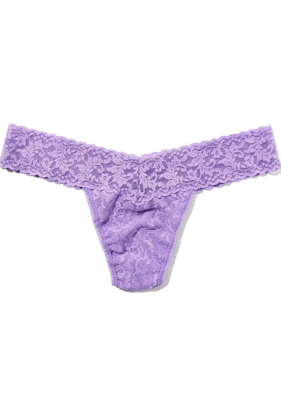 Hanky Panky Low Rise Thong in purple lace, gift-ready wrap, one size fits most.