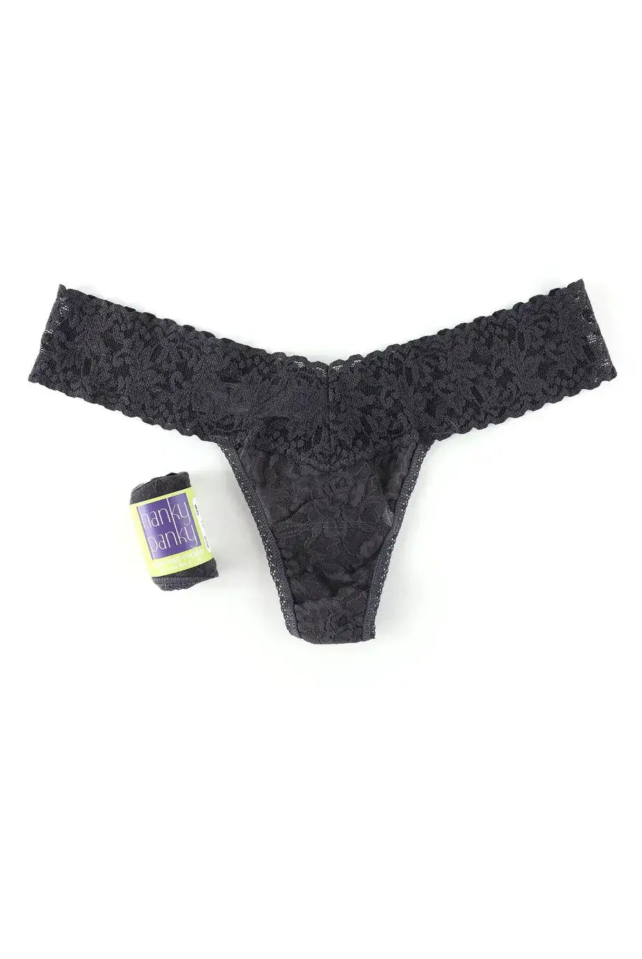Hanky Panky Low Rise Thong in black lace with gift-ready wrap, perfect for stylish comfort and modern cut.