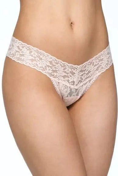Hanky Panky Low Rise Thong in light pink lace, designed for comfort and a modern fit, suitable for everyday wear.