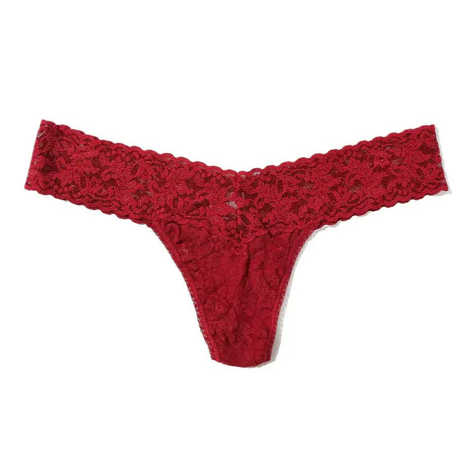 Hanky Panky Low Rise Thong in red lace, featuring a modern cut and comfortable fit, perfect for all-day wear.