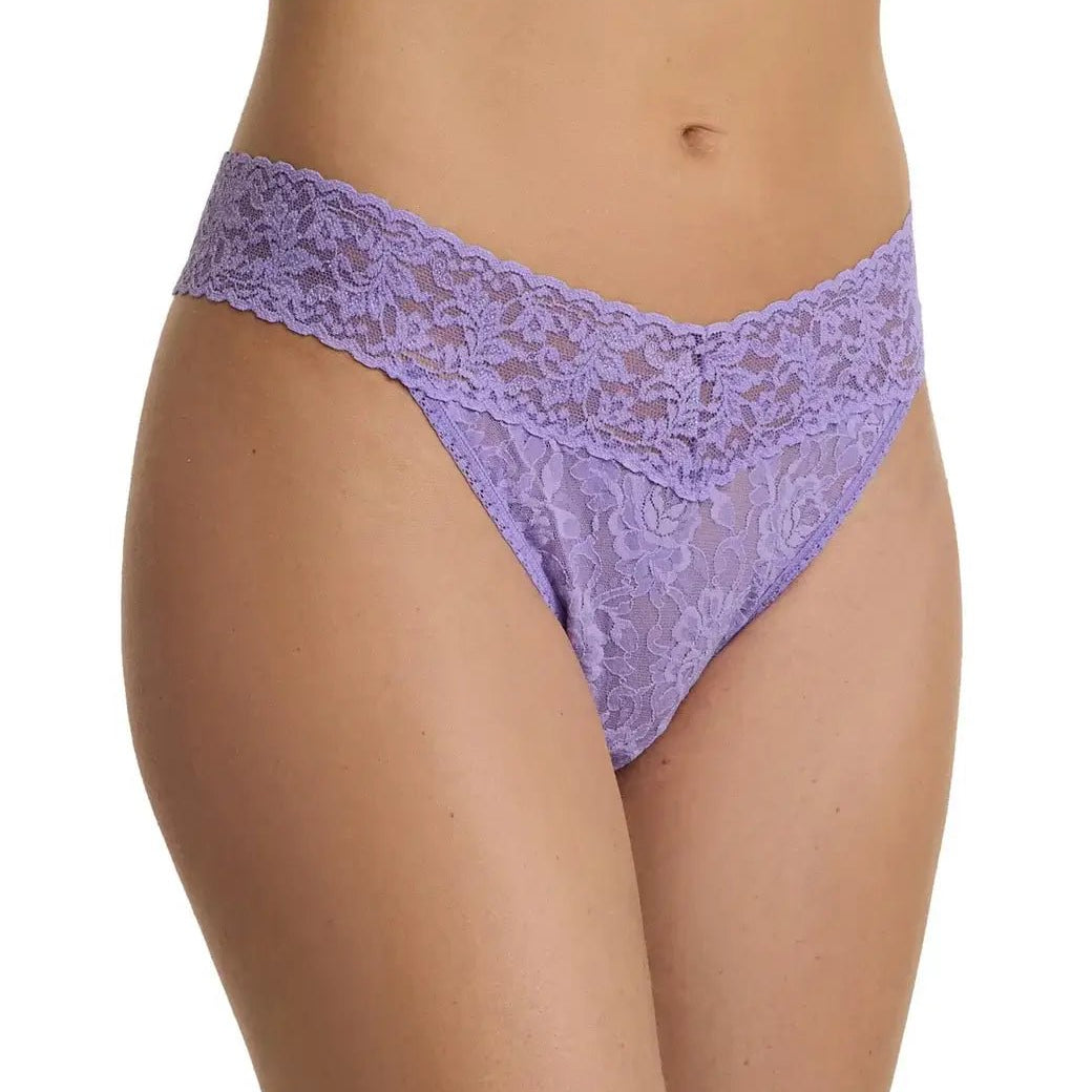Hanky Panky Original Rise Thong in lavender lace worn on model showcasing signature style.