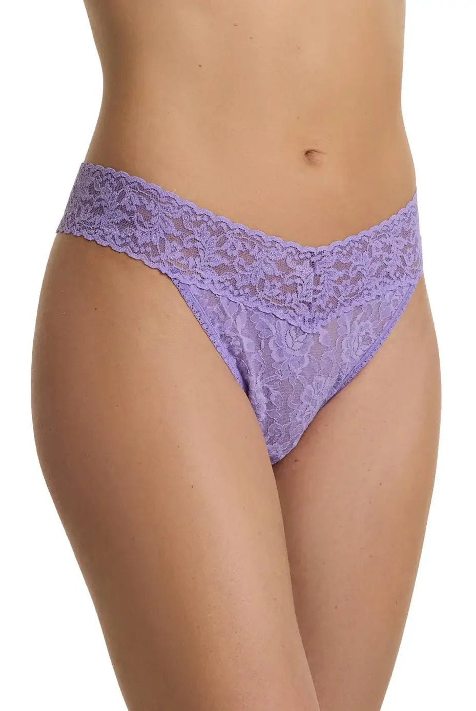Hanky Panky Original Rise Thong in lavender lace worn on model showcasing signature style.
