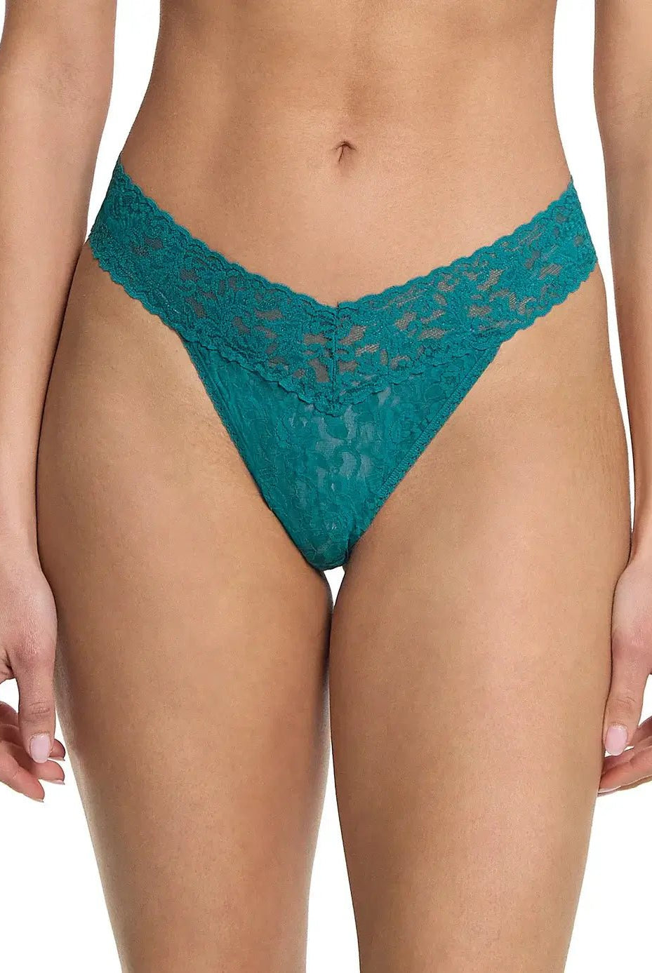 Hanky Panky Original Rise Thong in teal color featuring signature lace design, one size fits most.