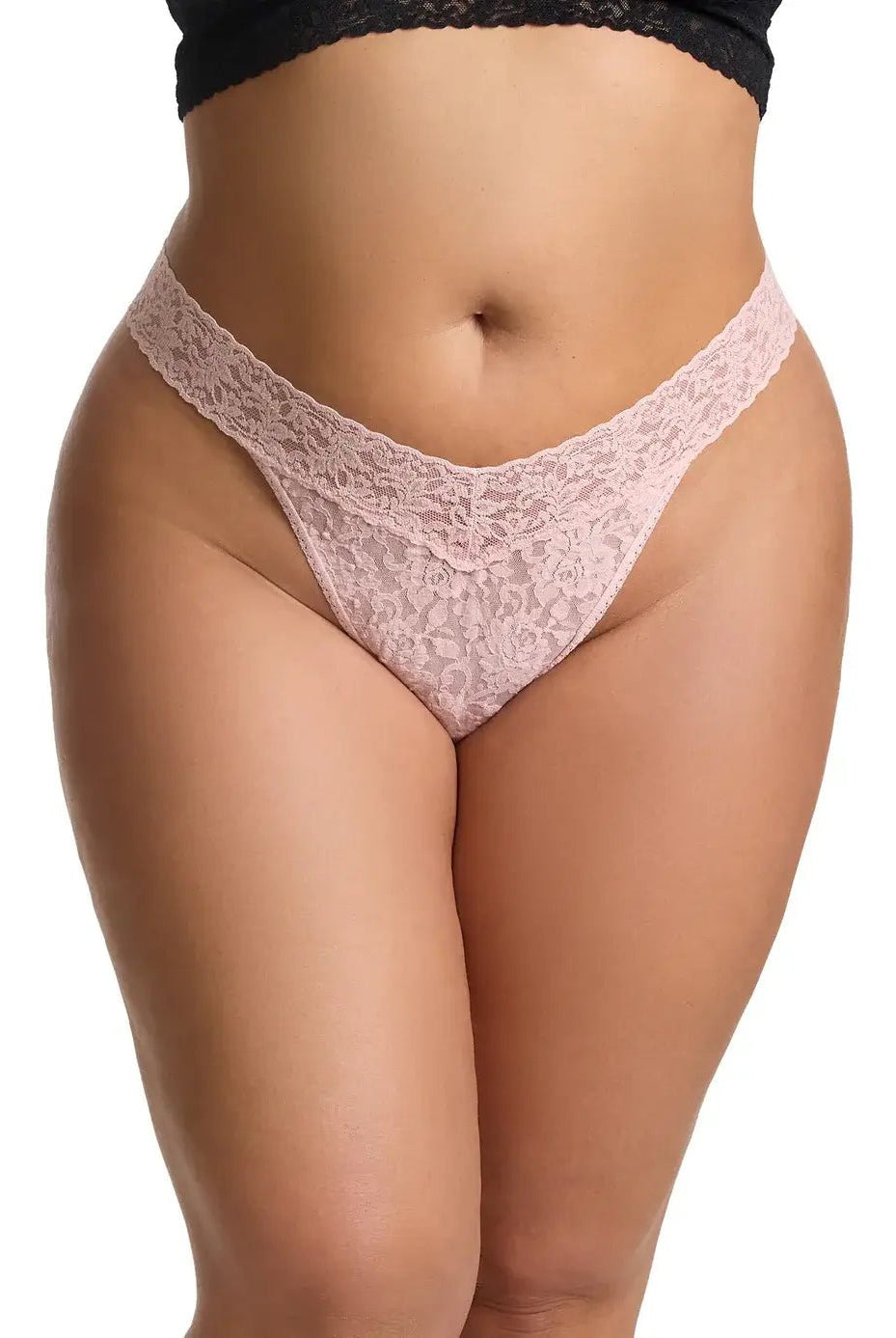Hanky Panky Original Rise Thong in soft pink lace, showcasing the signature lace design, One Size Fits Most.