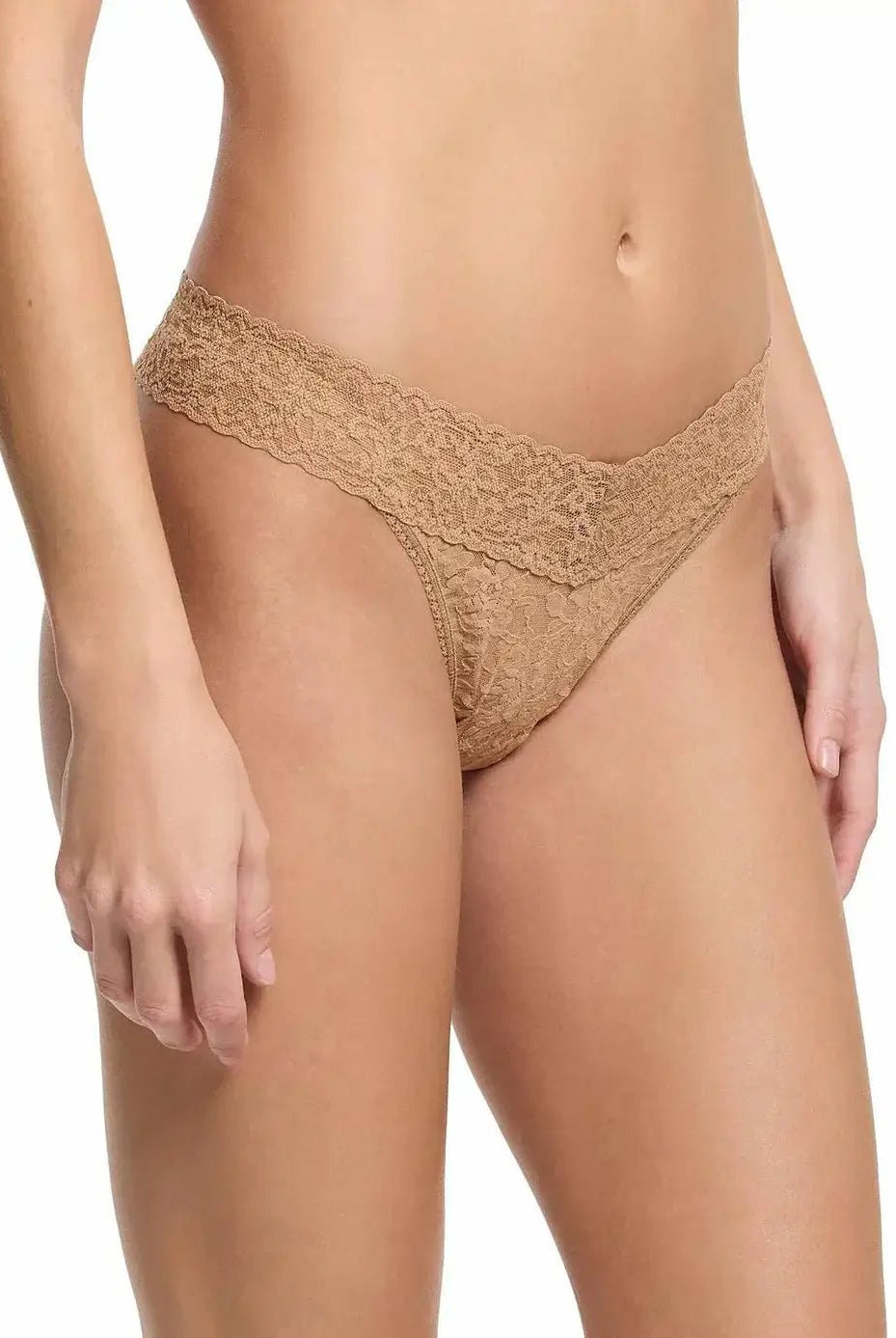Hanky Panky Original Rise Thong in signature lace, one size fits most, displayed on a model.