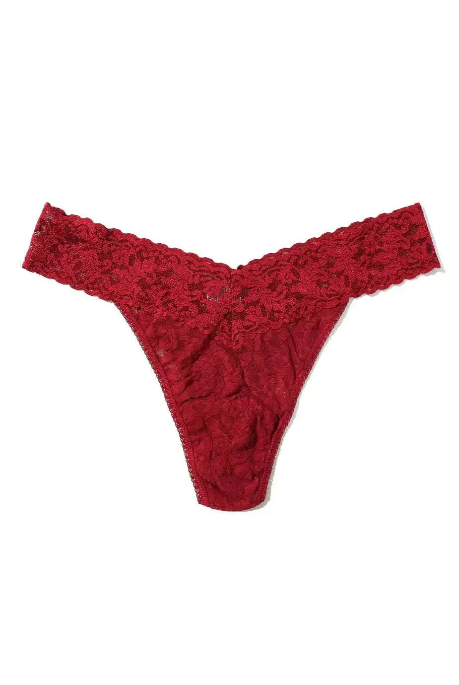 Hanky Panky Original Rise Thong in red lace, showcasing signature lace design for women. One size fits most.
