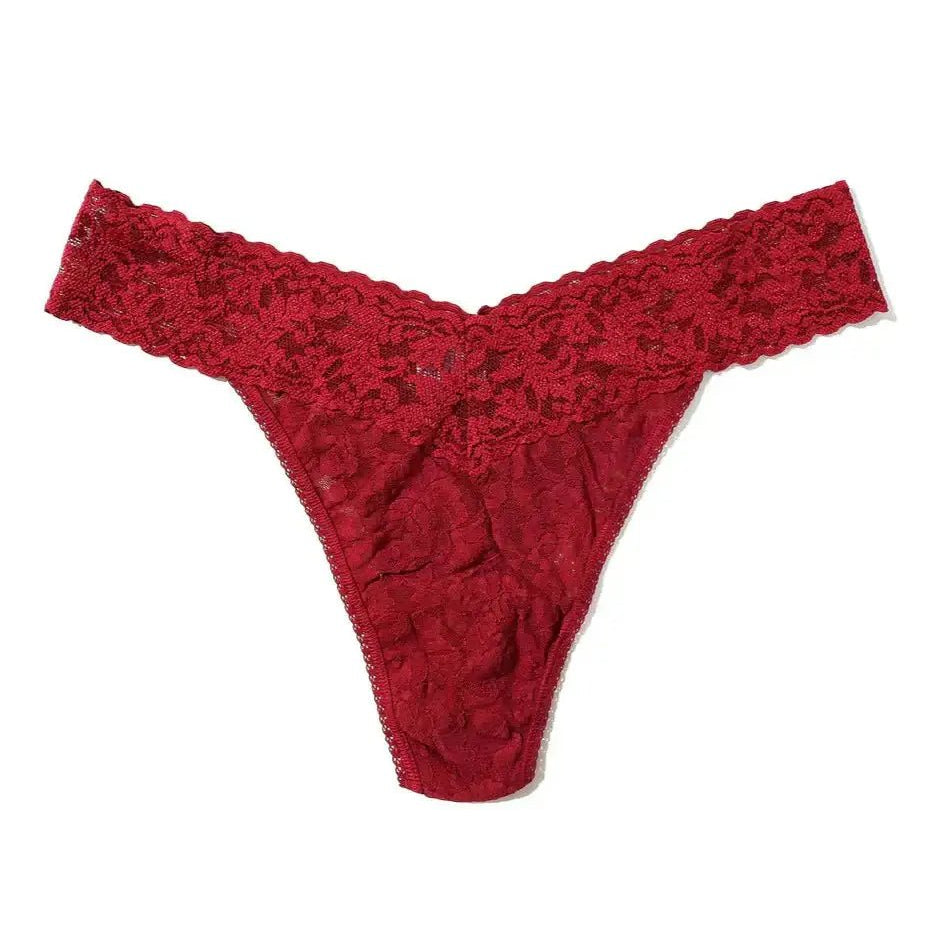 Hanky Panky Original Rise Thong in red lace, showcasing signature lace design for women. One size fits most.
