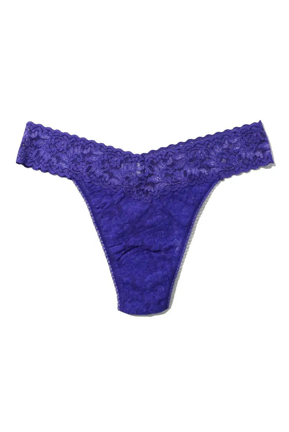 Hanky Panky Original Rise Thong in vibrant purple signature lace, designed for comfort and style, one size fits most.