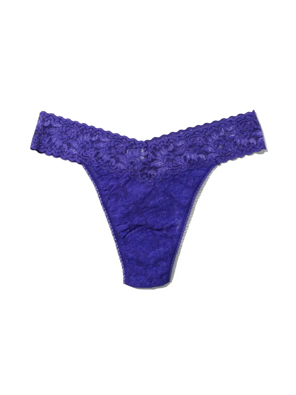 Hanky Panky Original Rise Thong in vibrant purple signature lace, designed for comfort and style, one size fits most.