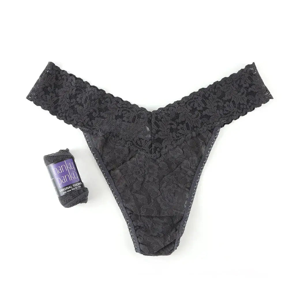 Hanky Panky Original Rise Thong – Signature Lace in black with logo tag, one size fits most.