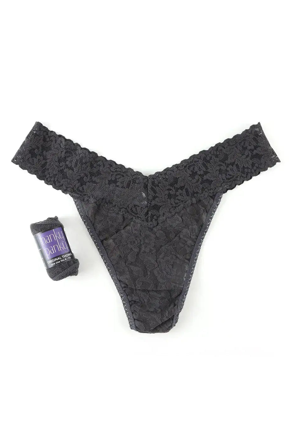 Hanky Panky Original Rise Thong – Signature Lace in black with logo tag, one size fits most.