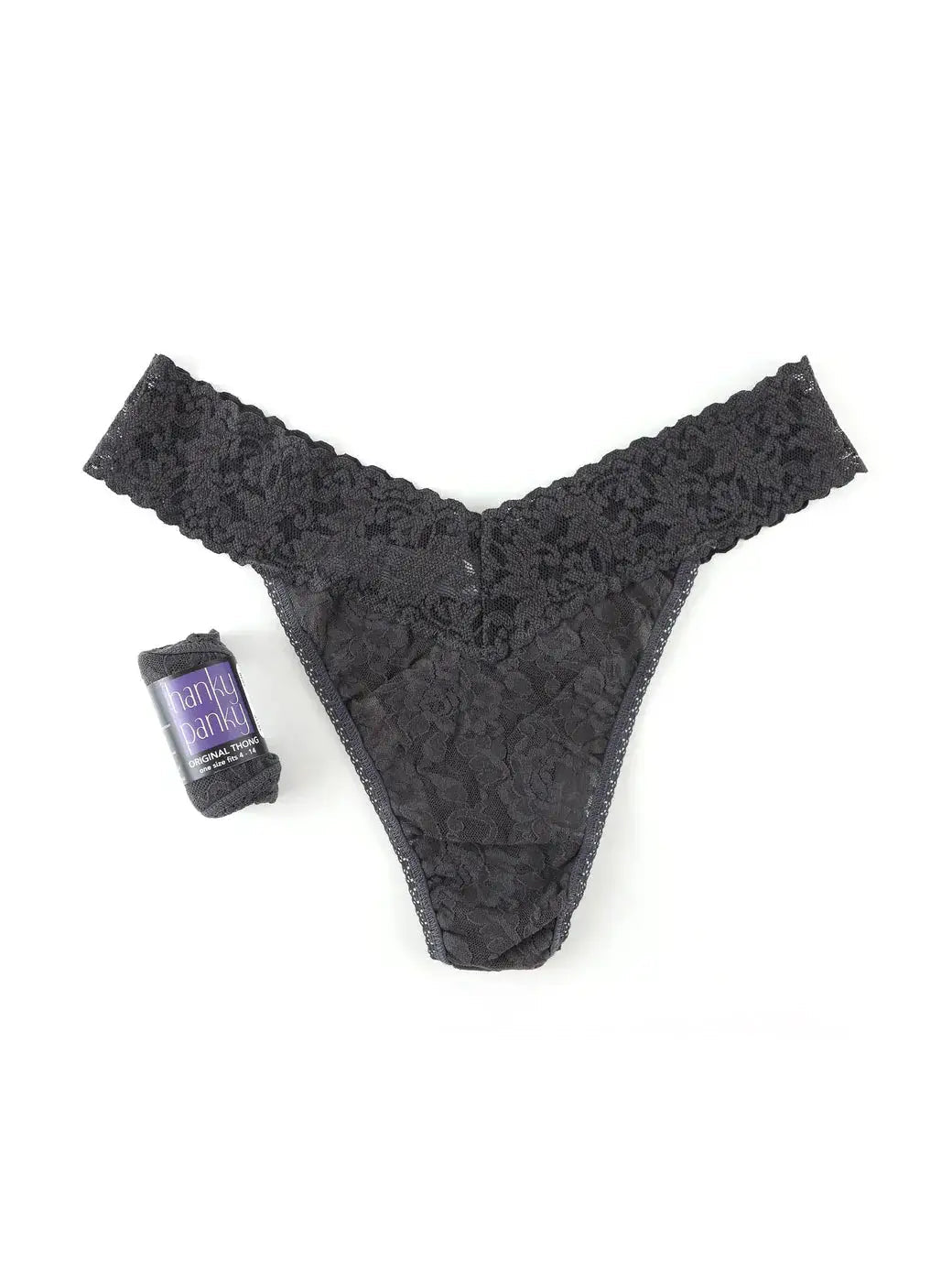 Hanky Panky Original Rise Thong – Signature Lace in black with logo tag, one size fits most.