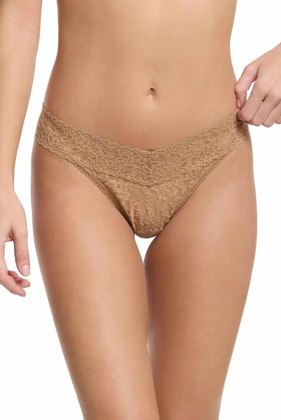 Hanky Panky Original Rise Thong in nude color featuring signature lace design for comfort and style.