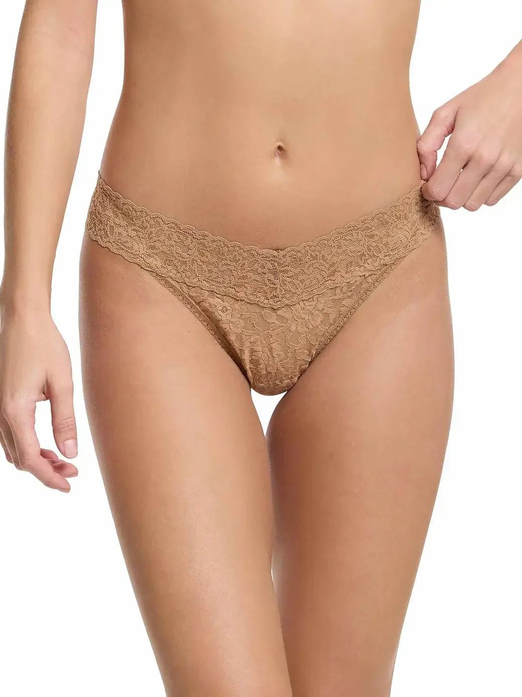 Hanky Panky Original Rise Thong in nude color featuring signature lace design for comfort and style.