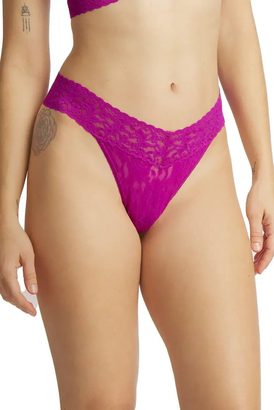 Hanky Panky Original Rise Thong in vibrant pink lace, designed for comfort and style with a one size fits most fit.