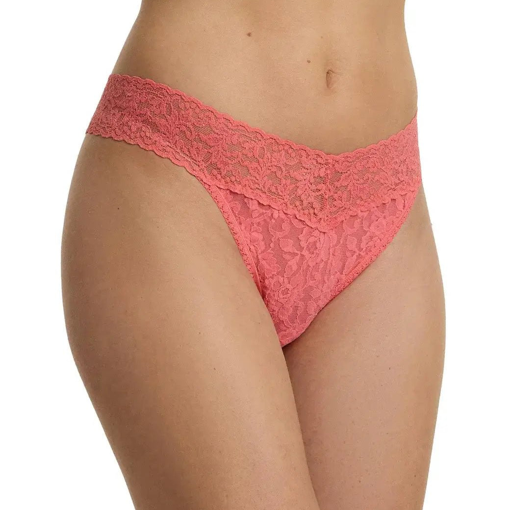 Hanky Panky Original Rise Thong in coral pink lace, showcasing its signature design and comfortable fit.