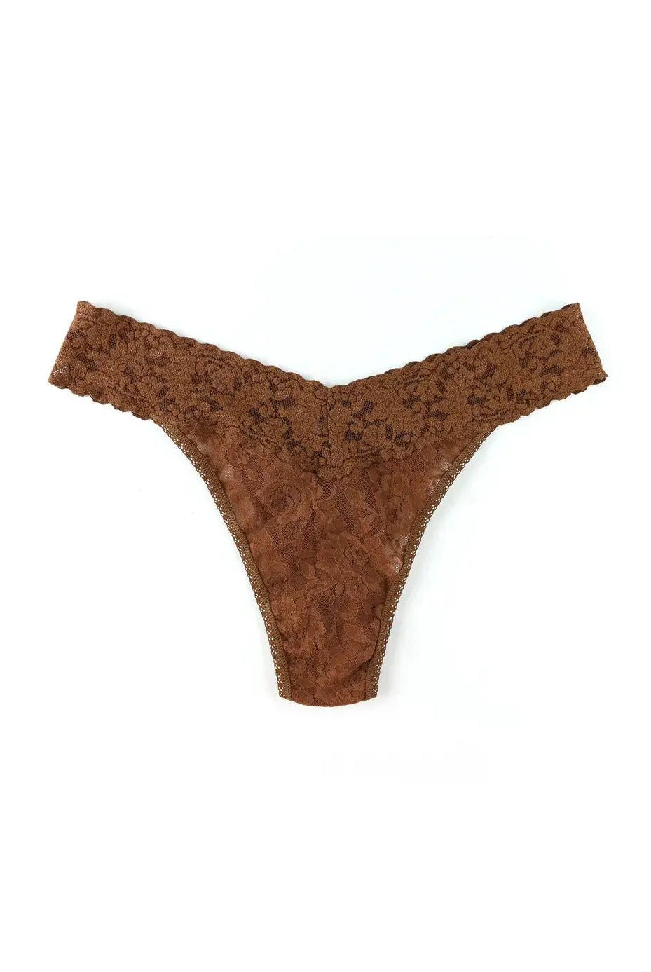 Hanky Panky Original Rise Thong – Signature Lace in rich brown color, showcasing delicate lace design.