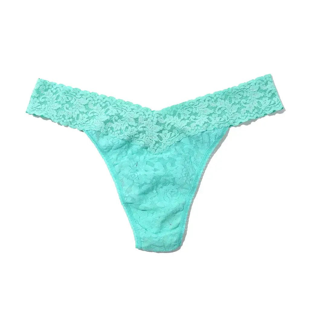 Hanky Panky Original Rise Thong in mint green lace, offering comfort and style with a signature fit.