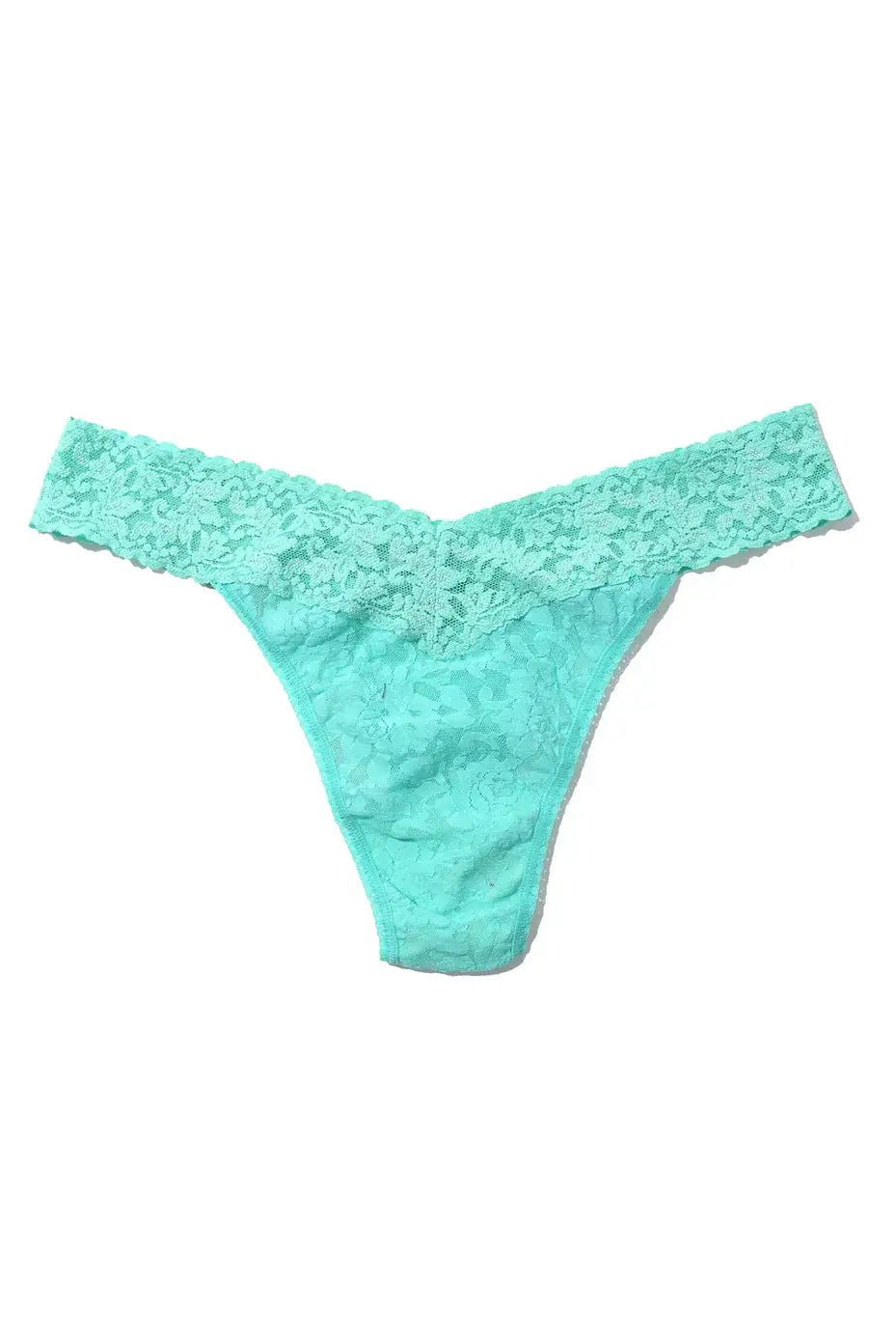 Hanky Panky Original Rise Thong in mint green lace, offering comfort and style with a signature fit.