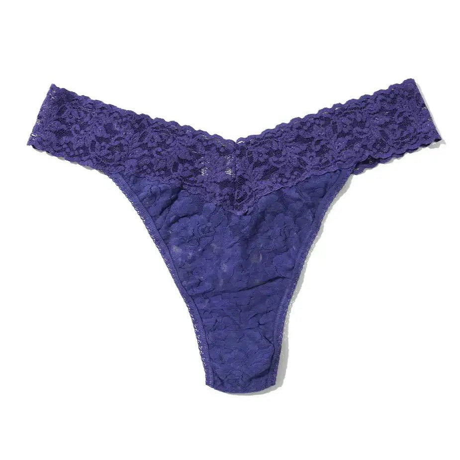 Hanky Panky Original Rise Thong in purple, made from signature lace, designed for comfort and style.