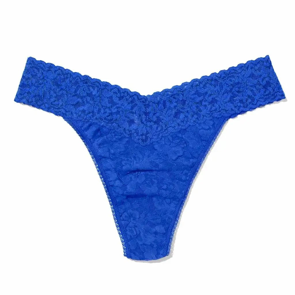 Hanky Panky Original Rise Thong – Signature Lace in vibrant blue color, designed for comfort and style. One size fits most.