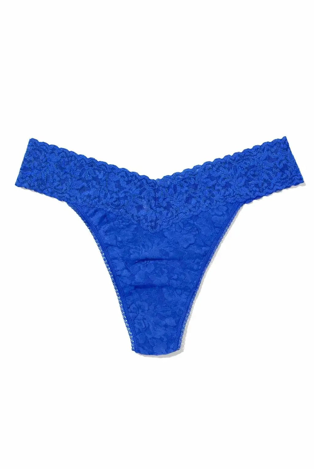 Hanky Panky Original Rise Thong – Signature Lace in vibrant blue color, designed for comfort and style. One size fits most.