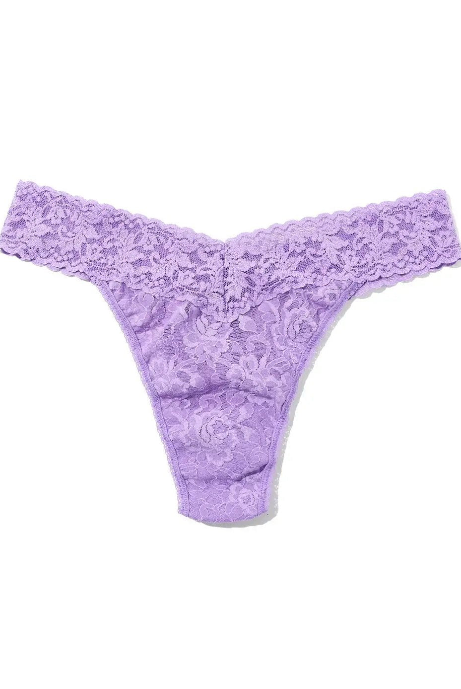 Hanky Panky Original Rise Thong in lavender, made of signature lace, one size fits most design.