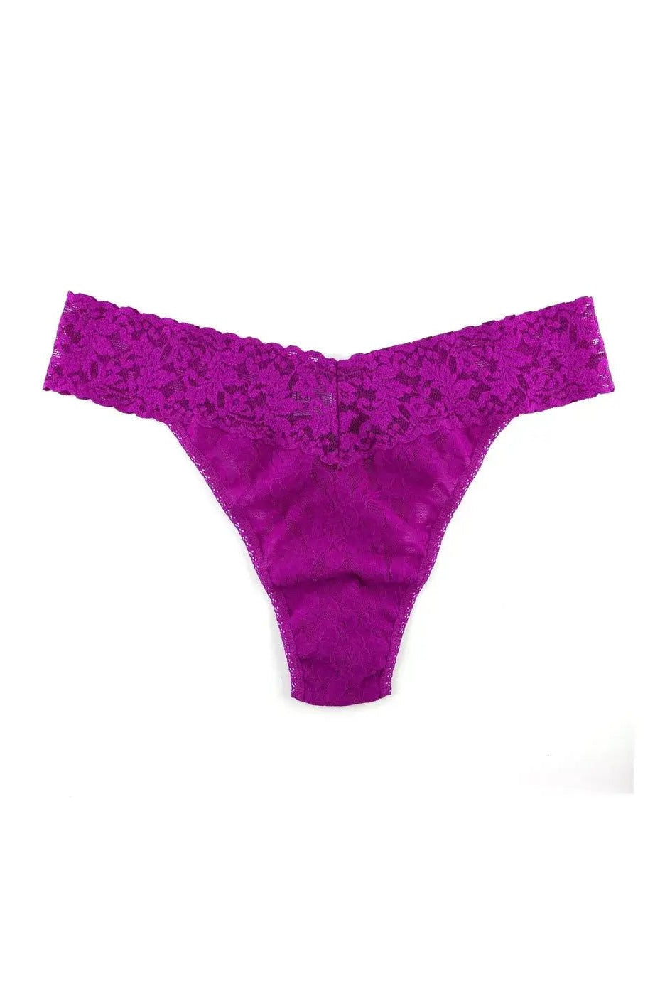 Hanky Panky Original Rise Thong in vibrant purple with signature lace trim, one size fits most lingerie.