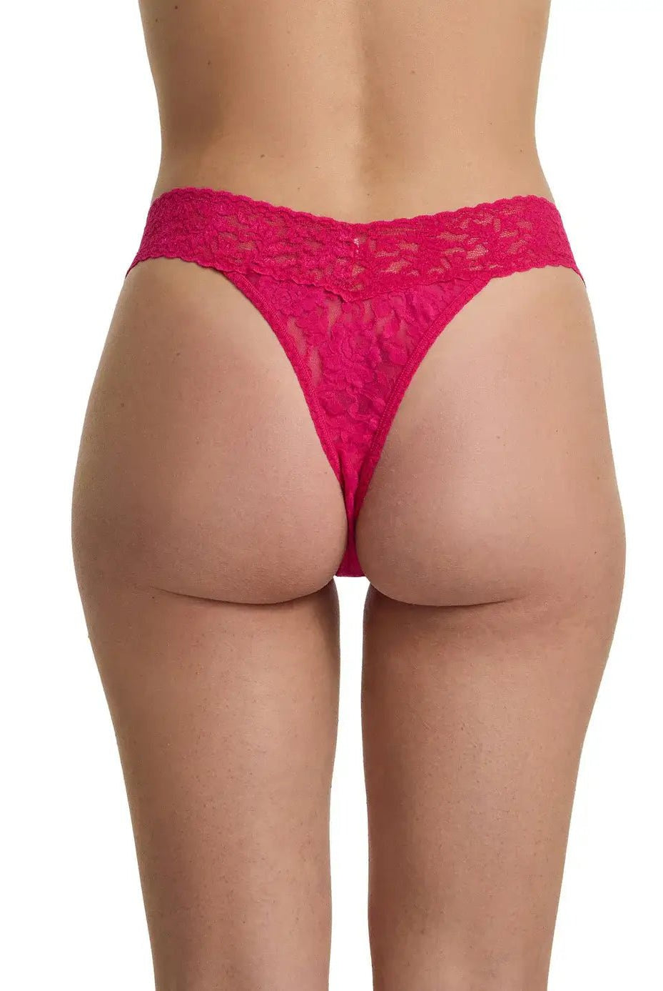 Hanky Panky Original Rise Thong - Signature Lace in vibrant pink color viewed from the back.
