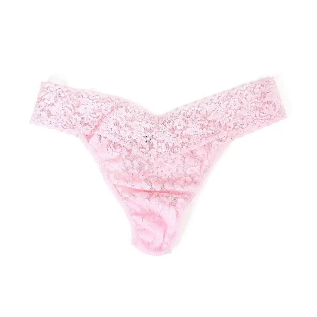 Hanky Panky Original Rise Thong - Signature Lace in pink color, one size fits most, showcasing delicate lace design.