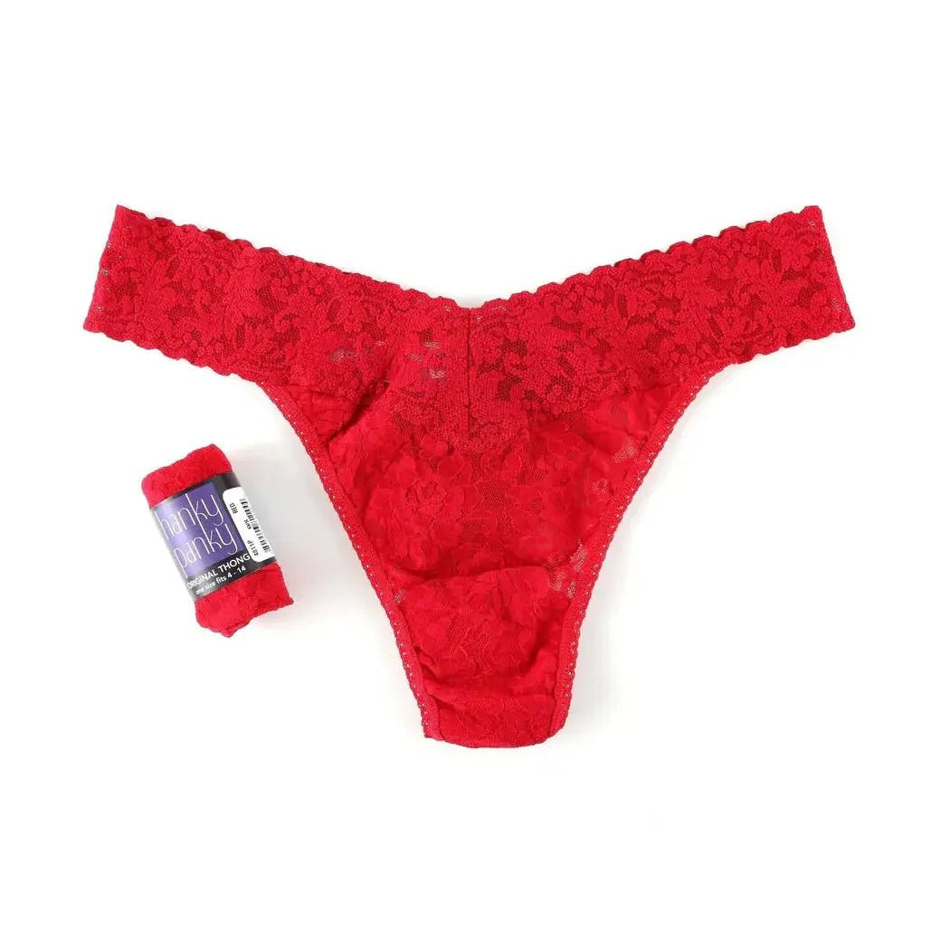 Hanky Panky Original Rise Thong in red lace displayed with packaging, one size fits most, signature lace design.