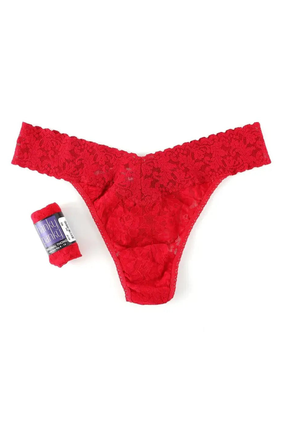 Hanky Panky Original Rise Thong in red lace displayed with packaging, one size fits most, signature lace design.