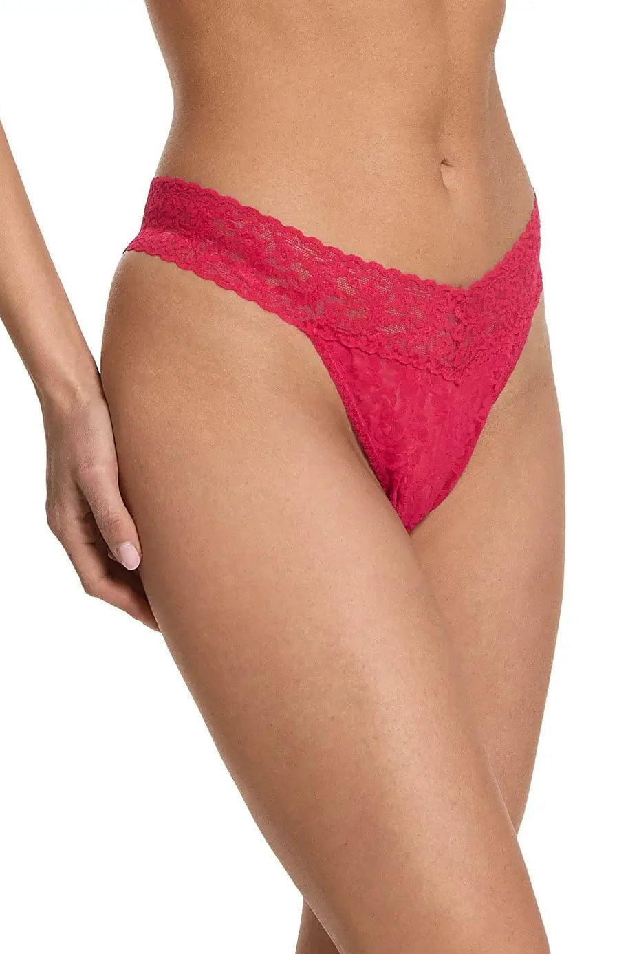 Hanky Panky Original Rise Thong in vibrant pink lace, showcasing signature design and comfort for one size fits most.