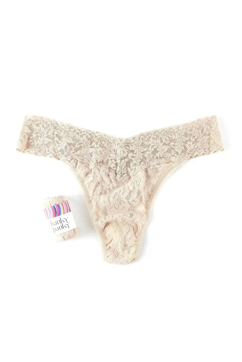 Hanky Panky Original Rise Thong – Signature Lace in nude color with packaging.
