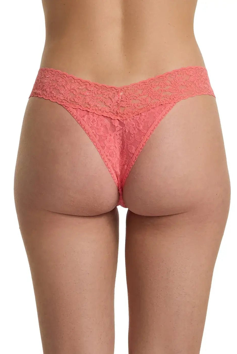 Hanky Panky Original Rise Thong – Signature Lace in coral color, showcasing the back view and intricate lace design.