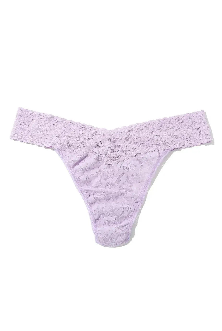 Hanky Panky Original Rise Thong in lavender, made of signature lace, one size fits most. Bestselling women's lingerie.